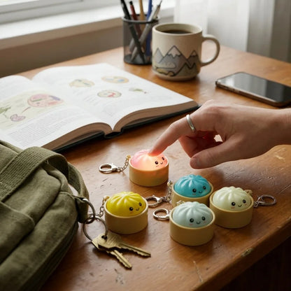 Cute Dumpling LED Keychain – Kawaii Squishy Bao Night Light and Soft Silicone Stress Relief Backpack Charm
