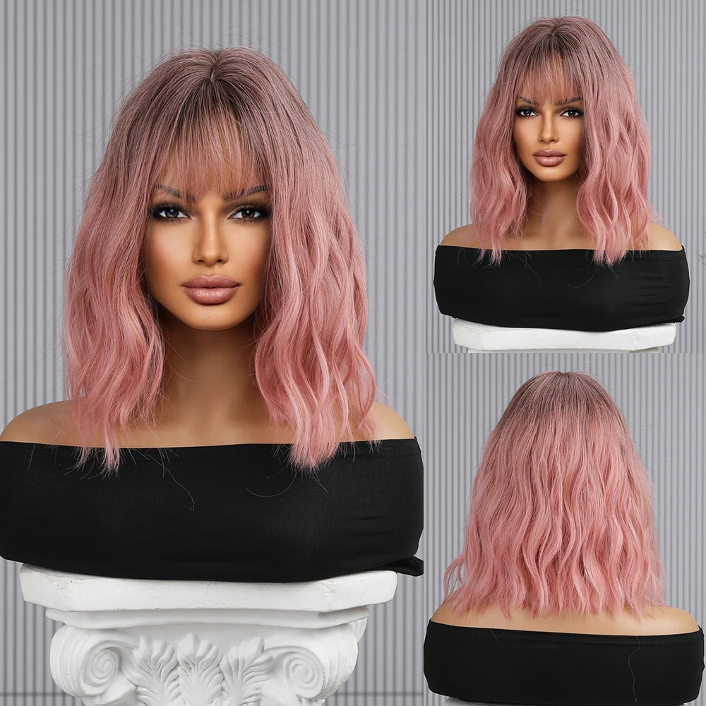 CharmSource Pink BOBO Short Synthetic Wig – Natural Wavy Heat Resistant Hair Wig for Women, Party & Daily Wear