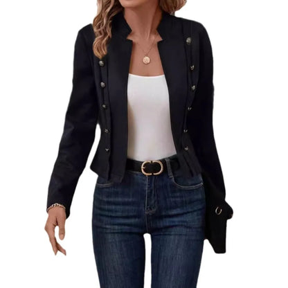 Women's Double-Breasted Blazer Coat – Stand Collar, Slim Fit, Long Sleeves Retro Jacket for Spring & Autumn
