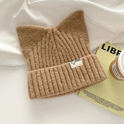 Cute Cat Ears Beanie for Women – Warm Autumn Winter Knitted Hat, Sweet Ear Protection Pullover