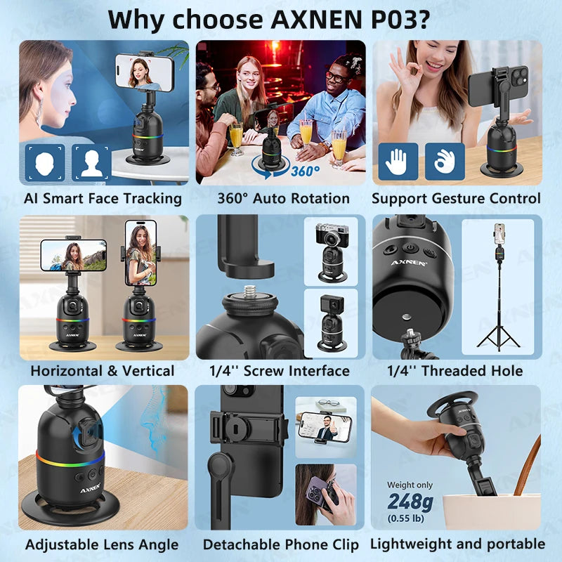 Smart Auto Face Tracking AI Gimbal – 360° Desktop Vlog Stabilizer for Smartphone & Action Camera (Tripod Optional)