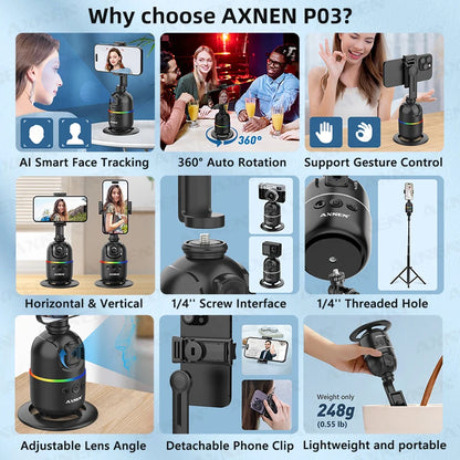 Smart Auto Face Tracking AI Gimbal – 360° Desktop Vlog Stabilizer for Smartphone & Action Camera (Tripod Optional)