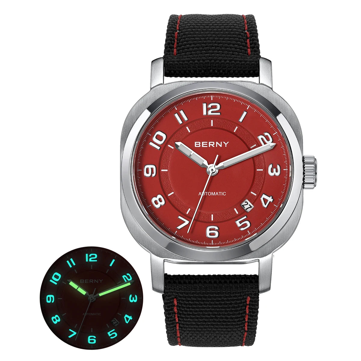 BERNY Women’s Mechanical Watch — Self-Wind Pillow Cushion Design with Sapphire Crystal, Super Luminous Display, Canvas Strap, and Calendar Function