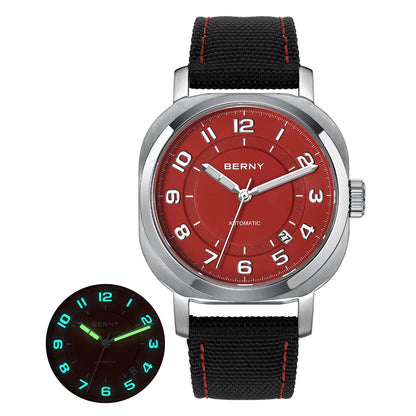 BERNY Women’s Mechanical Watch — Self-Wind Pillow Cushion Design with Sapphire Crystal, Super Luminous Display, Canvas Strap, and Calendar Function