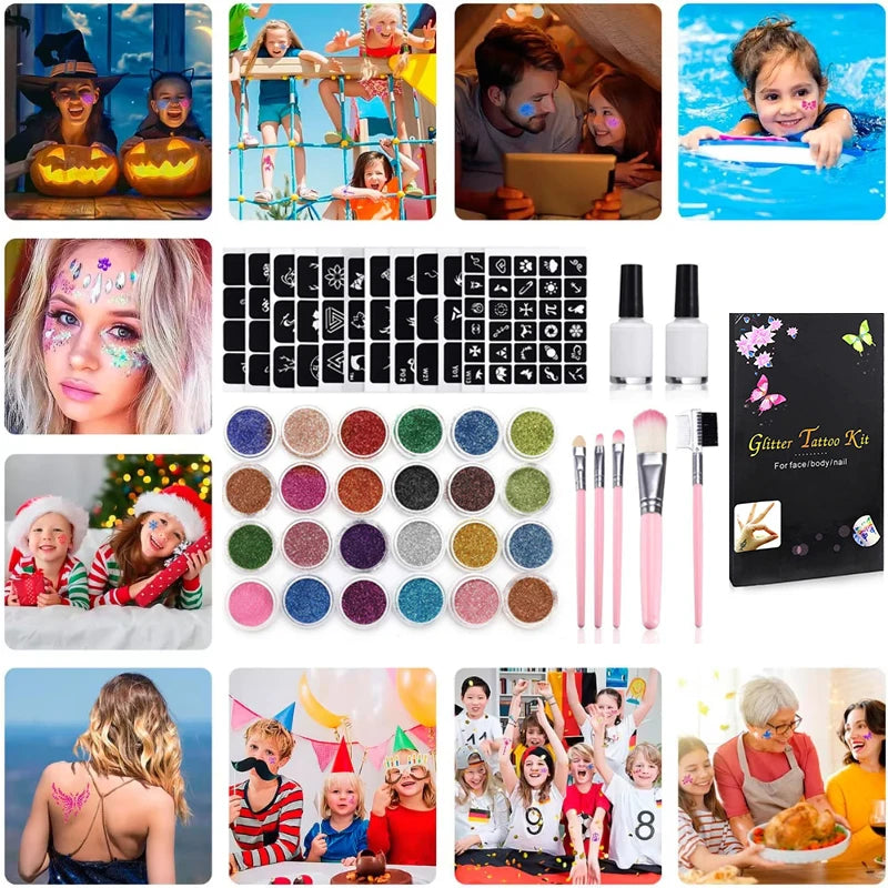 Temporary Glitter Tattoos Kit — 24 Colors with Glue & Stencils, Face & Body Makeup Set for Party & Music Festivals