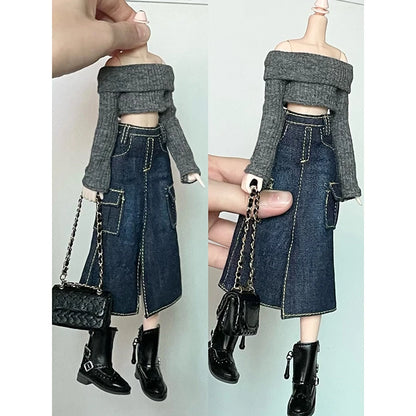 Handmade Blythe Doll Clothes – Off-Shoulder Sweater & Split Denim Long Skirt Mini Dress for 1/6 OB24 Dolls