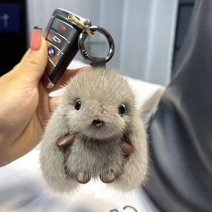 Fluffy Bunny Keychain - Big-Eyed Plush Ears Car Keyring & Cute Bag Charm