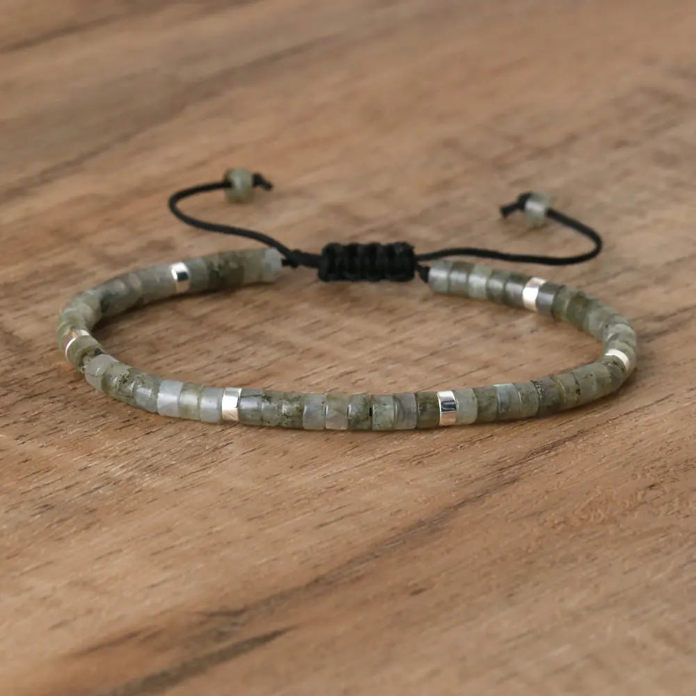 Natural Blue Emperor Stone Beaded Bracelet – Polished Block Beads, Adjustable Woven Rope Women’s Gift Jewelry