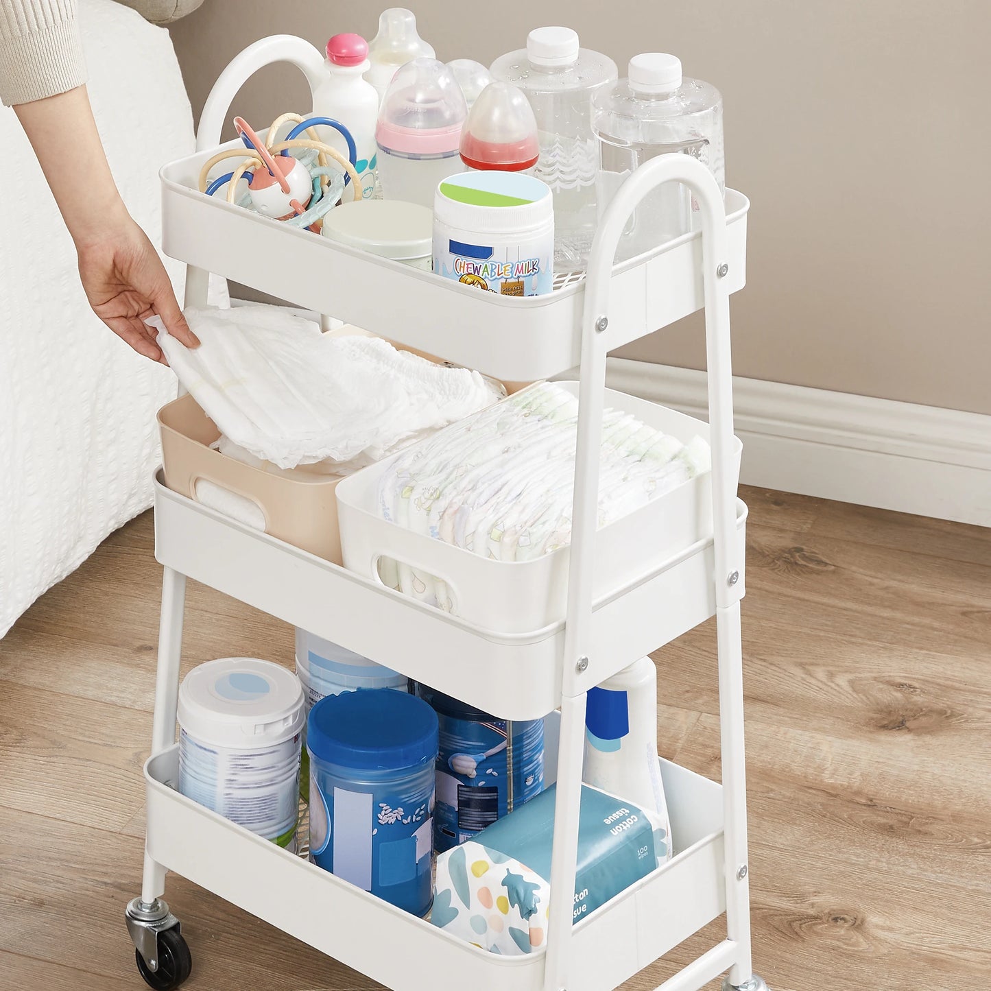 SONGMICS 3-Tier Rolling Utility Cart — Metal Storage Trolley with Wheels, Brakes & Handles for Kitchen or Home Organization