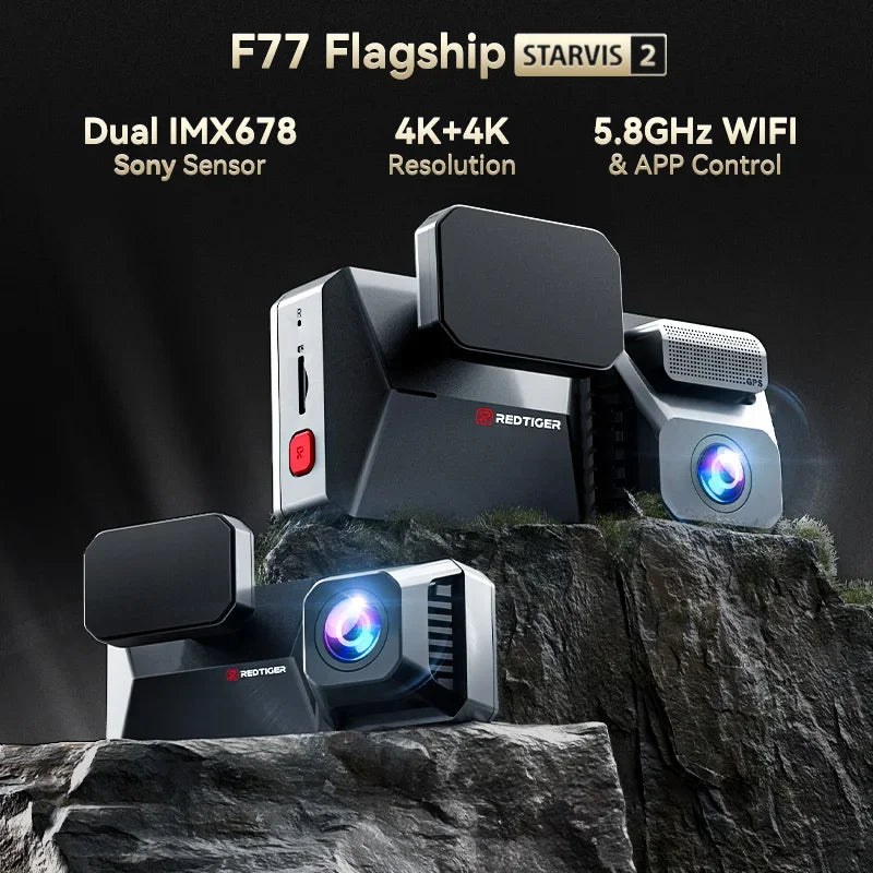 REDTIGER F77 Dashcam – Front and Rear 4K+4K HDR, Sony STARVIS 2 Super Night Vision, Voice Control, 5.8GHz WiFi Dual Dash Cam