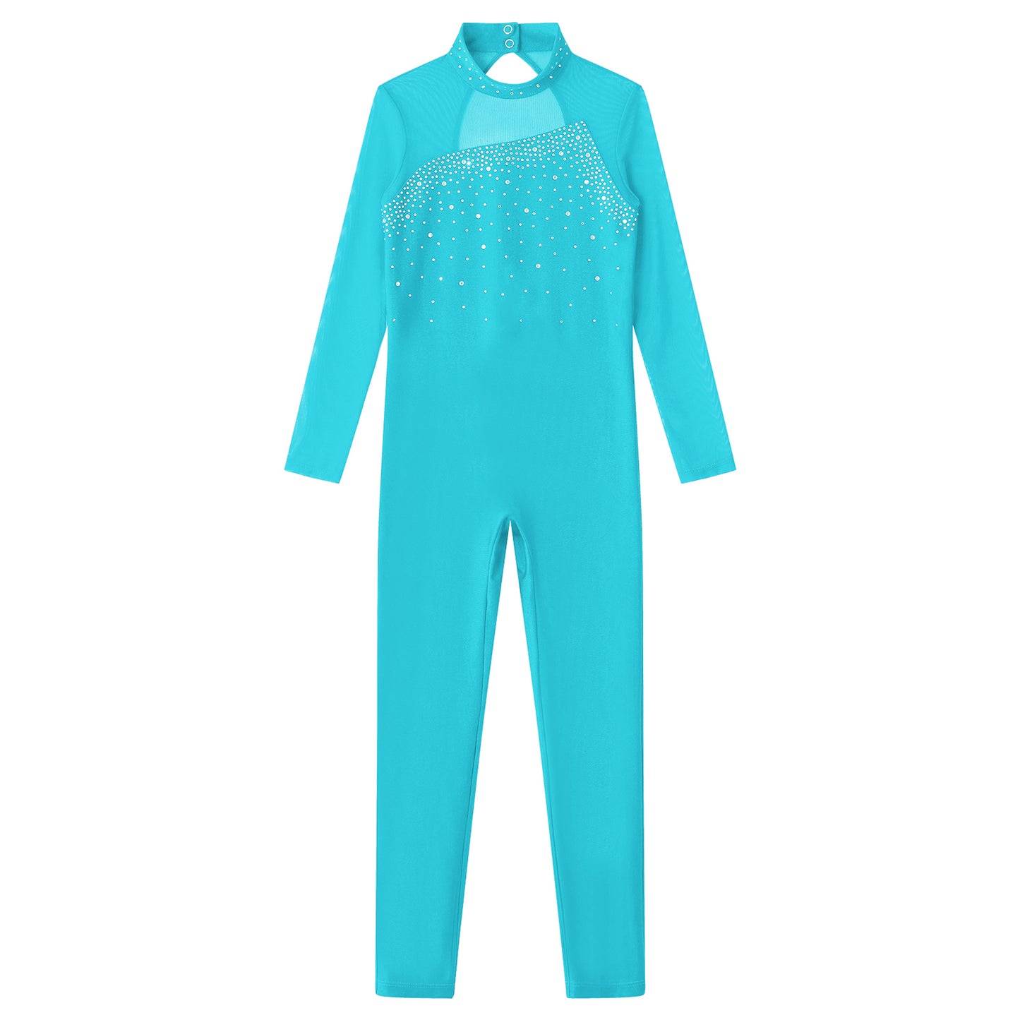 Kids Girls Long Sleeve Rhinestone Bodysuit — Full Body Dancewear Gymnastics Leotard Skating Jumpsuit