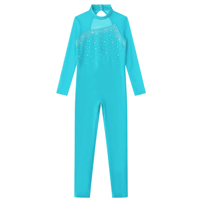 Kids Girls Long Sleeve Rhinestone Bodysuit — Full Body Dancewear Gymnastics Leotard Skating Jumpsuit