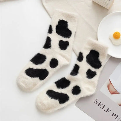 Cartoon Cow Mink Velvet Socks — Cute Cloud Plush Medium Tube Winter Socks for Women, Soft Indoor Stockings