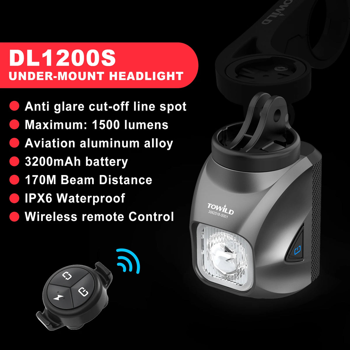 TOWILD DL1200S/DL1700 Bike Light - Rechargeable MTB Front Headlight with Cut-Off Beam, 1900LM Output & Power Bank Function