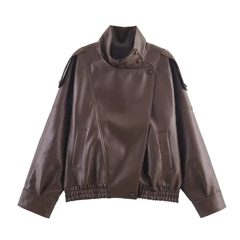 Women's Faux Leather Motorcycle Jacket - 2026 Autumn Black Long Sleeve Fashion Outerwear