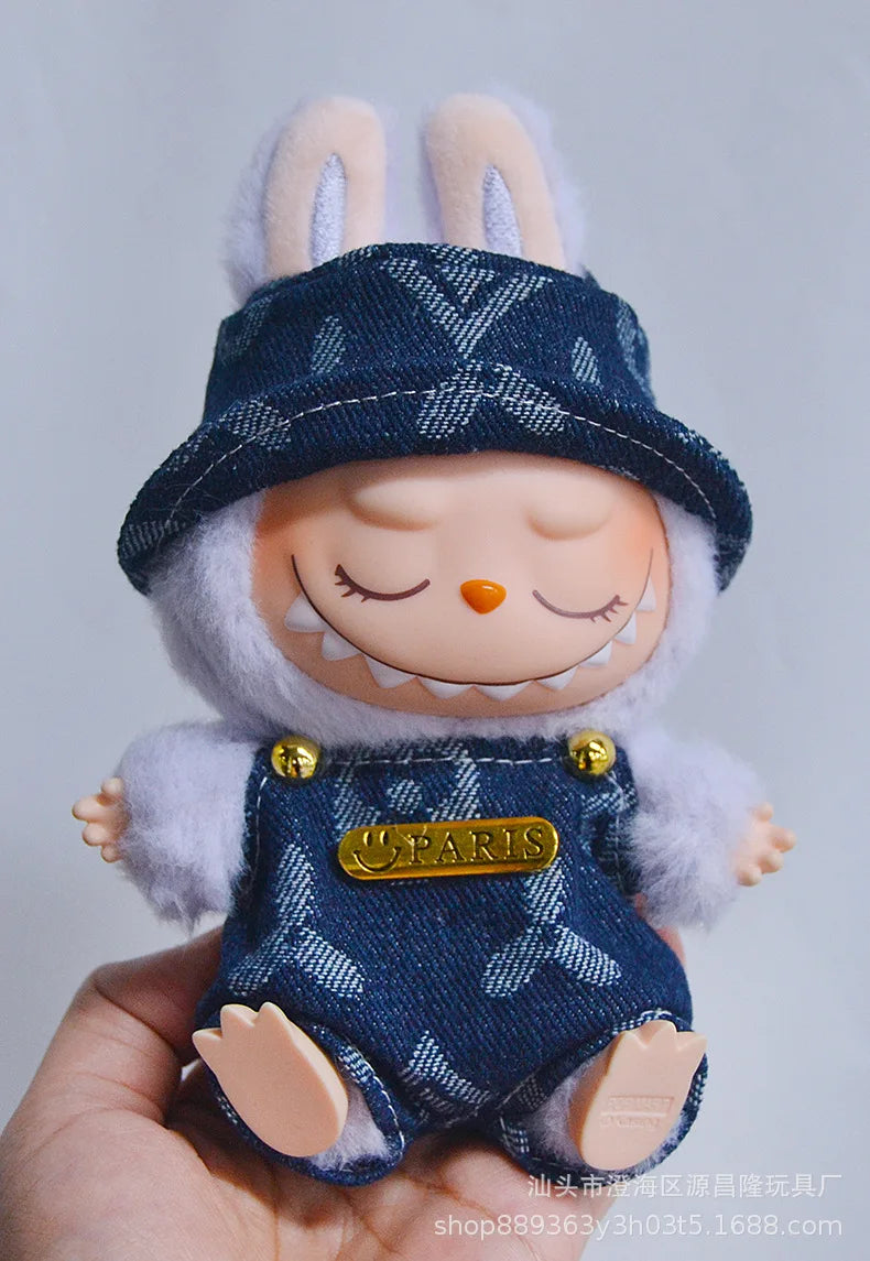 17cm Labubu Doll Clothes – Cowboy Party Outfit with Strap Pants & Fisherman Hat – Only Clothes, Hot Sale