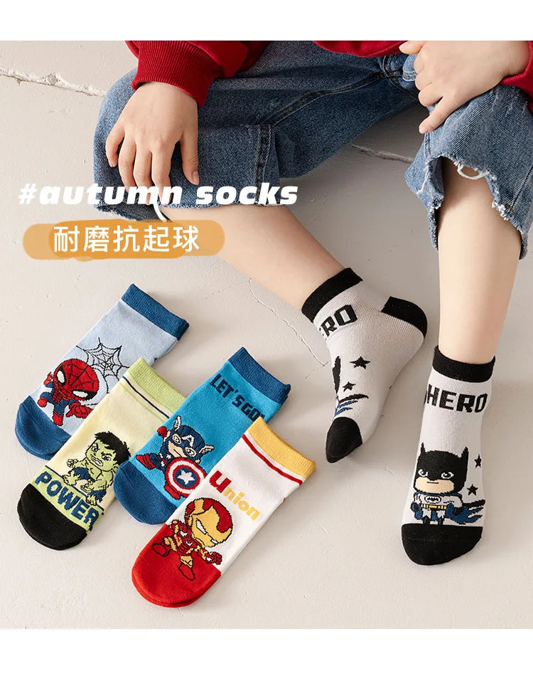 5 Pairs Spiderman Cotton Socks for Kids – Iron Man, Hulk, Thor Anime Boys Short Socks, Cartoon Baby Spring & Summer Footwear