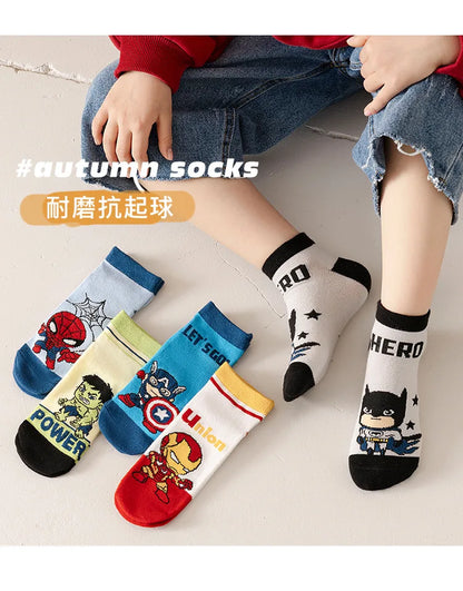 5 Pairs Spiderman Cotton Socks for Kids – Iron Man, Hulk, Thor Anime Boys Short Socks, Cartoon Baby Spring & Summer Footwear