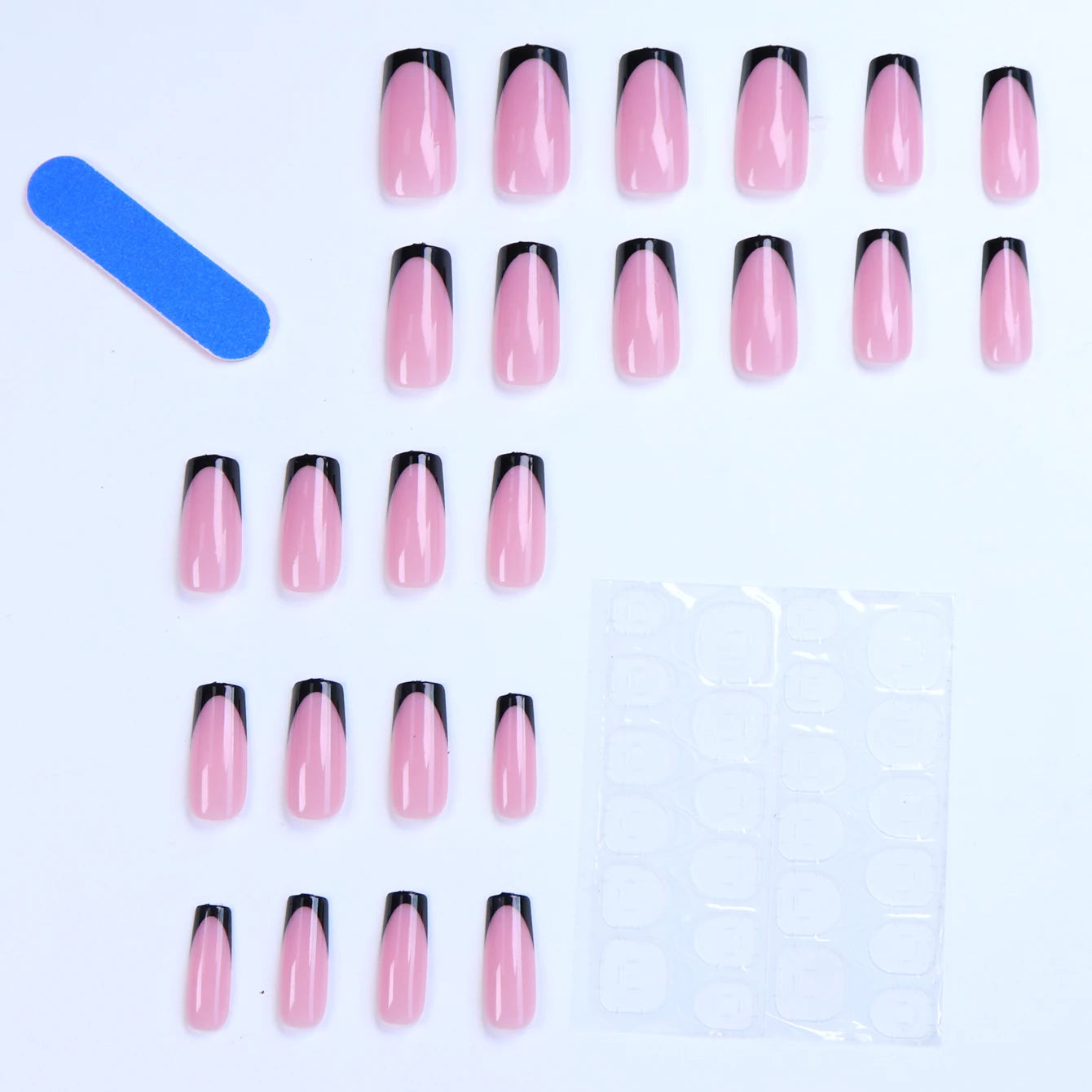 48PCS French Black Border Fake Toenails - Glossy Full-Cover Nude Press-On Nail Set