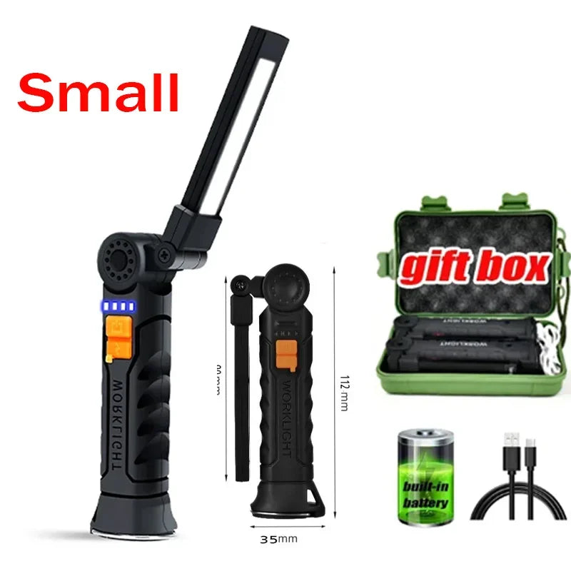 Portable COB LED Work Light - USB Rechargeable Magnetic Flashlight Camping Lantern with Hanging Hook