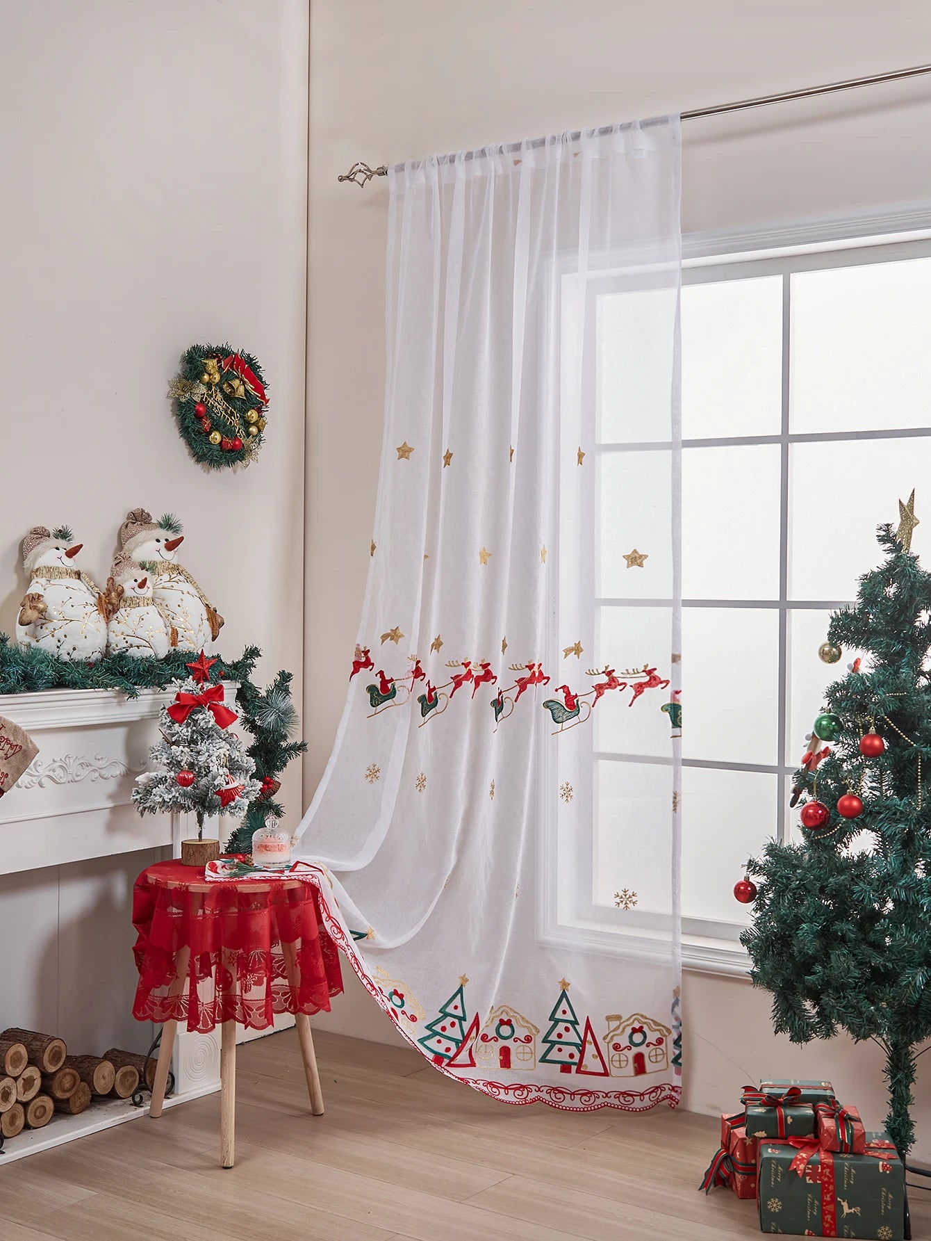 Christmas Sheer Curtain Panel - 84 Inch Holiday Poinsettia Buffalo Plaid Window Decor for Living Room