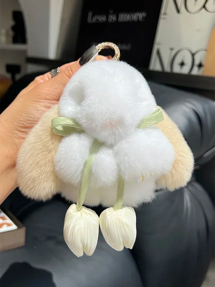 Cute Real Rex Rabbit Fur Keychain – Mini Bunny Pendant Bag Charm & Car Key Ring Plush Toy Gift for Women