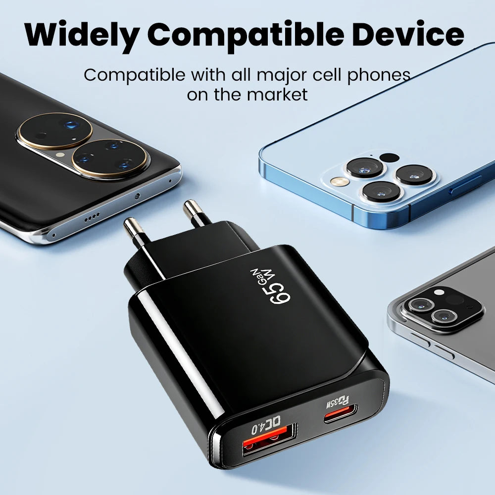 65W GaN USB-C Fast Charger – Ultra-Thin Dual-Port PD/QC Wall Adapter for iPhone, Samsung, and Xiaomi Devices