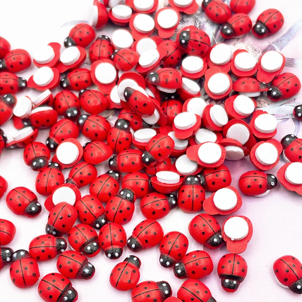 100Pcs Wooden Mini Ladybug Stickers – 8x11mm Self-Adhesive Red DIY Craft Decorations for Scrapbooking, Home, Garden & Party Decor