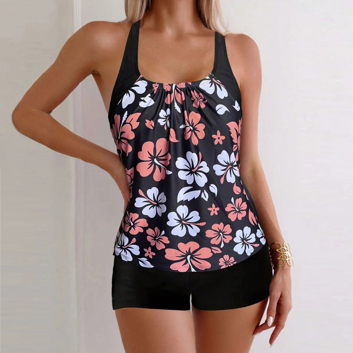 Women’s Floral Tankini Swim Set - Adjustable Strap Vest Top & Drawstring Shorts Bikini Beachwear for Summer