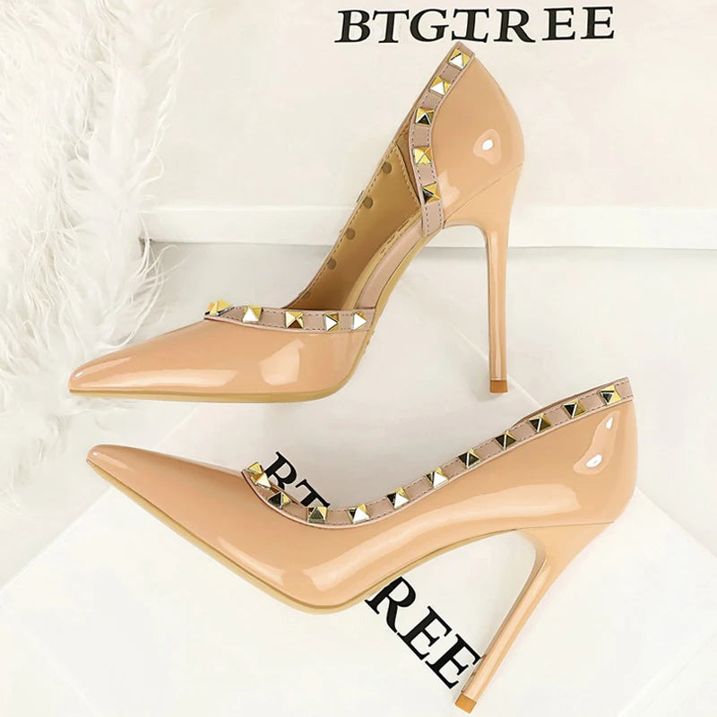 BIGTREE Women’s Rivet Patent Leather Pumps – 10.5cm Stiletto High Heels, Sexy Party Shoes, Large Size 43