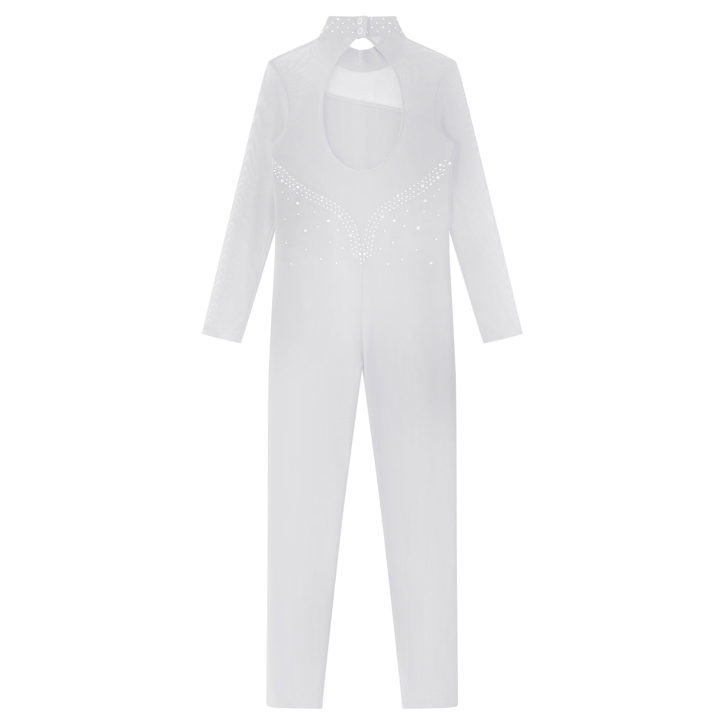 Kids Girls Long Sleeve Rhinestone Bodysuit — Full Body Dancewear Gymnastics Leotard Skating Jumpsuit