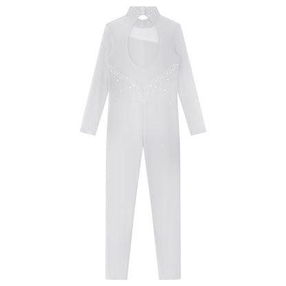 Kids Girls Long Sleeve Rhinestone Bodysuit — Full Body Dancewear Gymnastics Leotard Skating Jumpsuit
