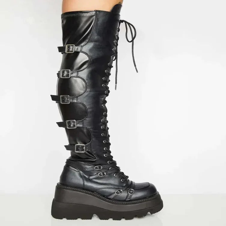 Casual High Sock Boots for Women – Slope-Sided Belt Leather Buckle, Knee-Length Stockings for Winter Season