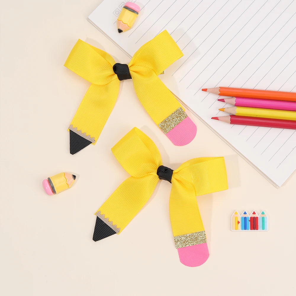 2Pcs Pencil Bow Hair Clips - Cute Kawaii Back to School Hairpins for Girls Kids