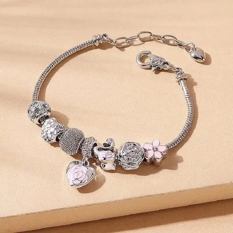 Fashion Multi-Element Rose Love Swan Family Bracelet – Daily Jewelry Accessory for Parties & Gifts