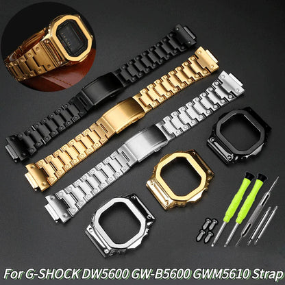 Gold and Black Stainless Steel Bezel and Strap Set for Casio G-Shock DW-5600, GW-B5600 & GW-M5610 - Metal Watch Case Modification Kit
