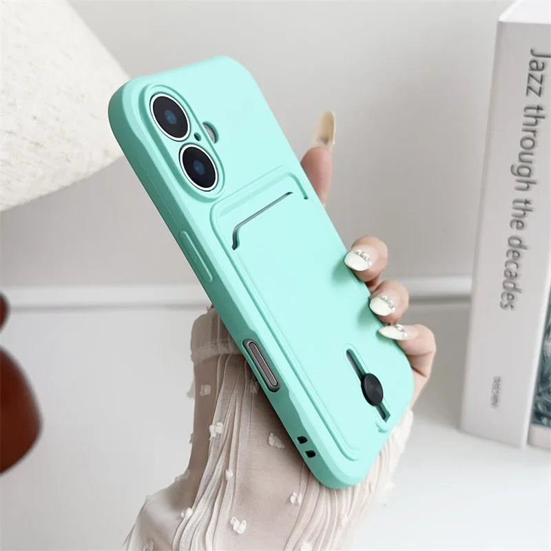 Luxury Silicone Card Holder Wallet Case for iPhone – Shockproof Camera Protection Cover for iPhone 16/15/14/13/12/11 Pro Max, XR, XS, X, 8 & 7 Plus