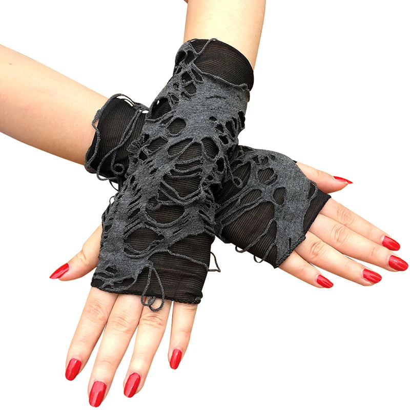 Sexy Gothic Fingerless Gloves – Ripped Broken Slit Halloween Cosplay Gloves with Holes Design for Adults Costume Wear