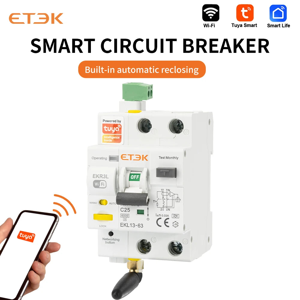 ETEK Tuya WiFi Smart Circuit Breaker RCBO – Remote Control, Short Circuit Protection, Timer, 2P 16A-63A, Smart Life App (EKR3L)