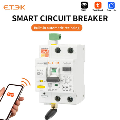 ETEK Tuya WiFi Smart Circuit Breaker RCBO – Remote Control, Short Circuit Protection, Timer, 2P 16A-63A, Smart Life App (EKR3L)