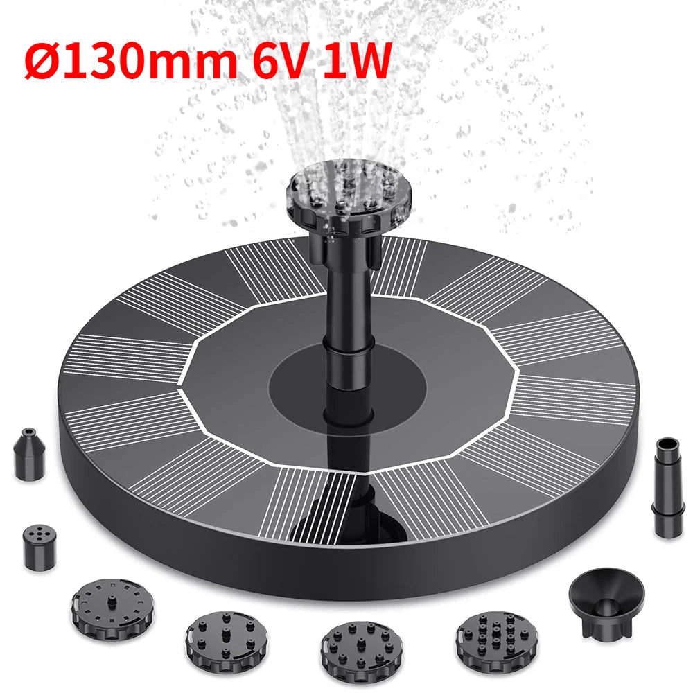 Outdoor Solar Fountain Pump Kit – 1W/1.5W/2.5W Garden Pond Water Feature with 6 Nozzles for Decorative Landscape Use