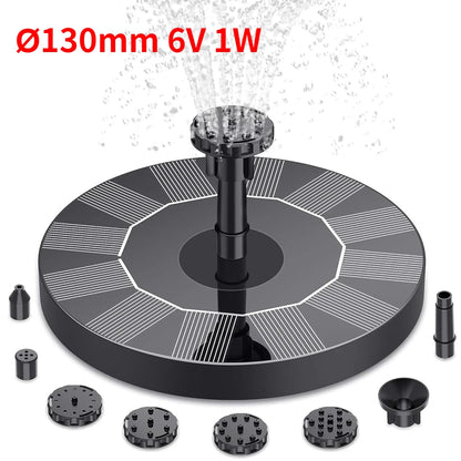 Outdoor Solar Fountain Pump Kit – 1W/1.5W/2.5W Garden Pond Water Feature with 6 Nozzles for Decorative Landscape Use