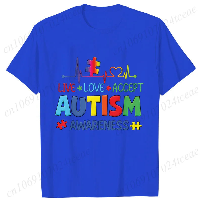 Women’s Live Love Accept Autism Awareness T-Shirt – Graphic Y2K Summer Top for Autism Awareness Month
