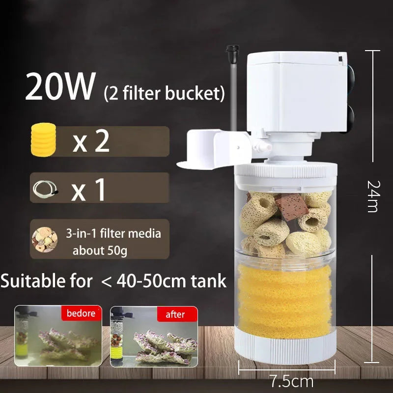 220V Silent Aquarium Filter – Submersible Water Pump with Bio Sponge, Skimmer & Waves Maker for Turtle & Fish Tanks