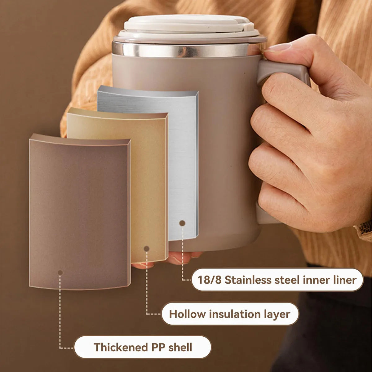 WORTHBUY Double-Layer Stainless Steel Coffee Cup – Insulated 304 Travel Mug with Spoon & Straw, Anti-Scald Milk & Water Cup