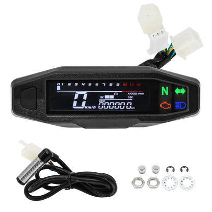 AD Universal Motorcycle Digital Speedometer – LED Tachometer Dashboard Instrument Panel with LCD Display & Y Bracket