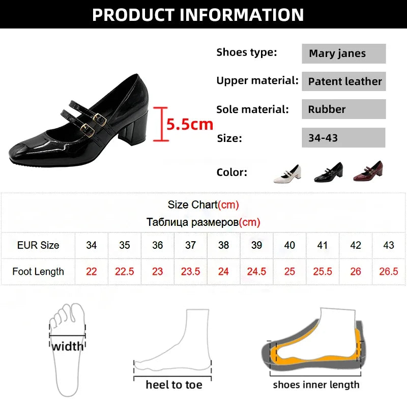 Elegant Women’s Mary Jane Chunky Heels – Square Toe Patent Leather Pumps with Double Ankle Strap