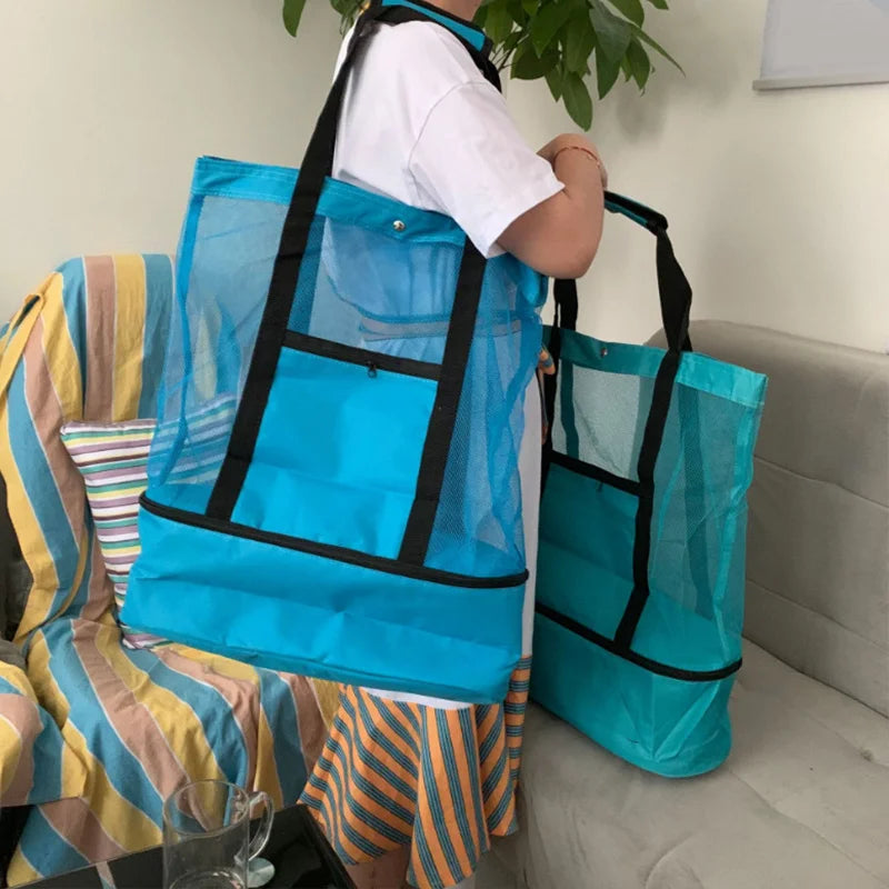 Women’s Waterproof Picnic & Beach Tote Bag – Double Layer Transparent Mesh Insulated Shopping Bag