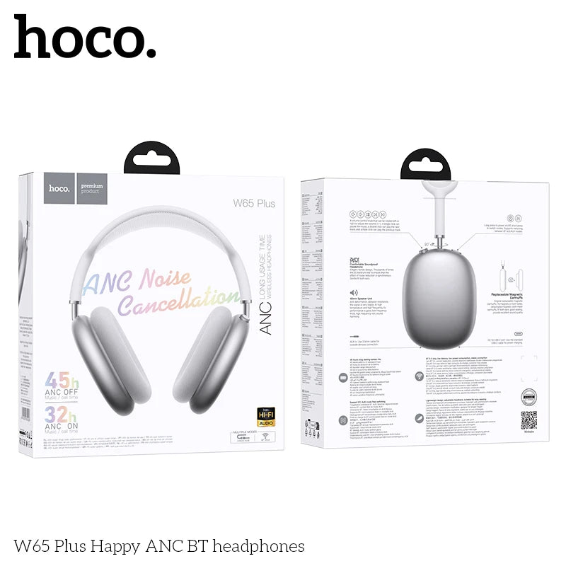 HOCO W65 Plus ANC Bluetooth Headphones – Over-Ear Wireless HiFi Sport Headset with Noise Reduction & Control Button