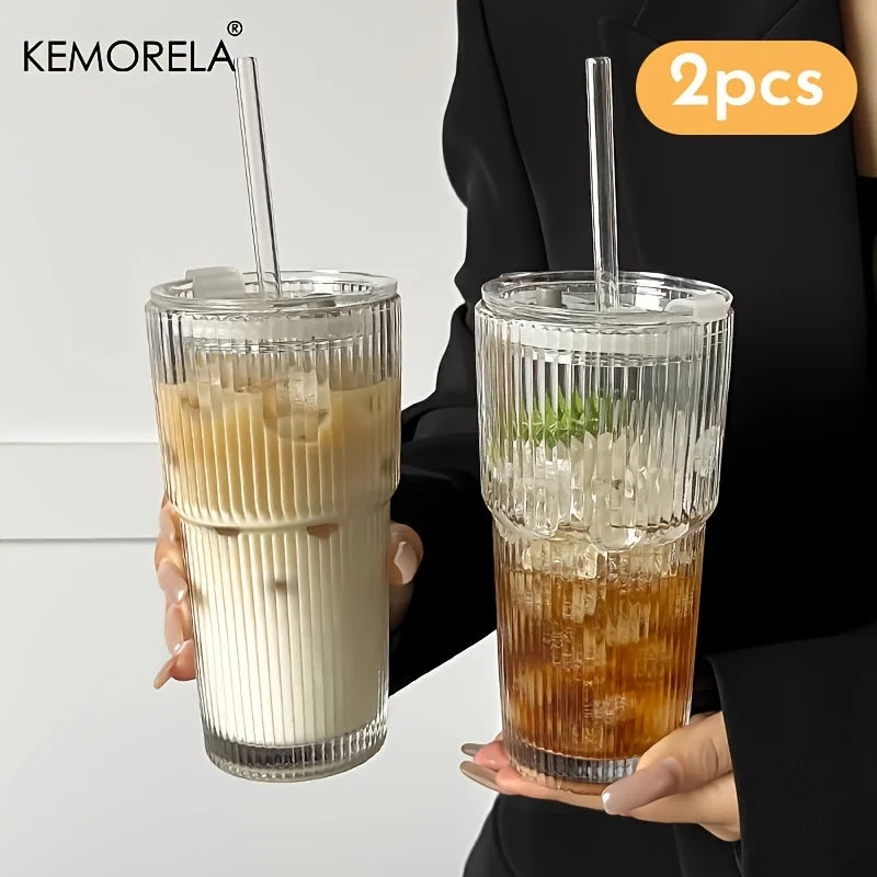 600ML Striped Glass Coffee Cup with Lid and Straw – Transparent Drinking Glasses for Juice, Milk, Tea | Iced Coffee Mug Drinkware